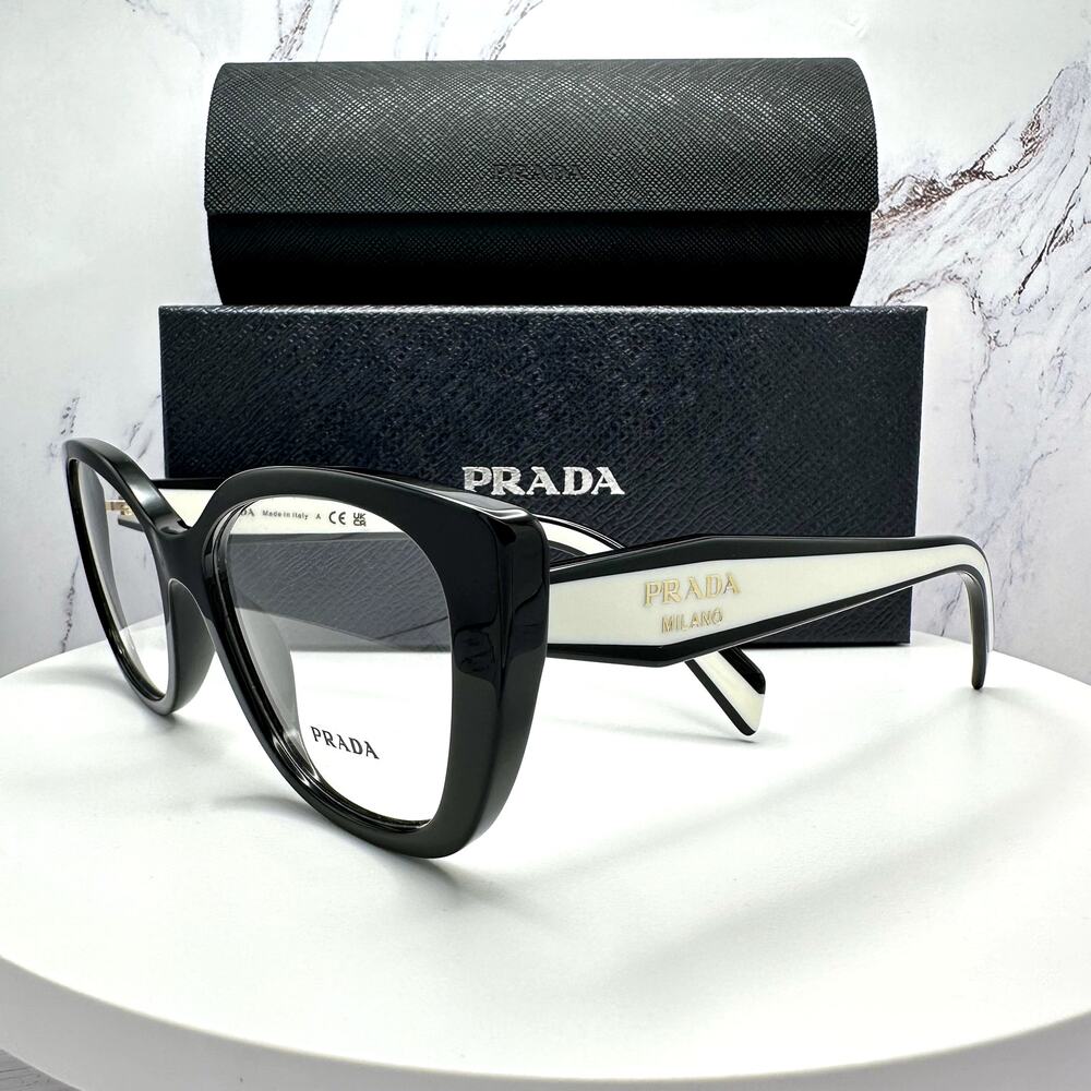 New PRADA Eyeglasses Cat Eye Black White Gold 53-17-140 Womens - Picture 11 of 16